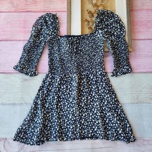 Reformation Navy Floral Smocked Short Puff Sleeve A-line Mini Dress Women's L